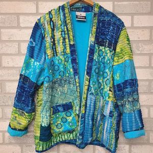 Yak Magick Colorful Embellished Open Front Jacket Green Blue Teal